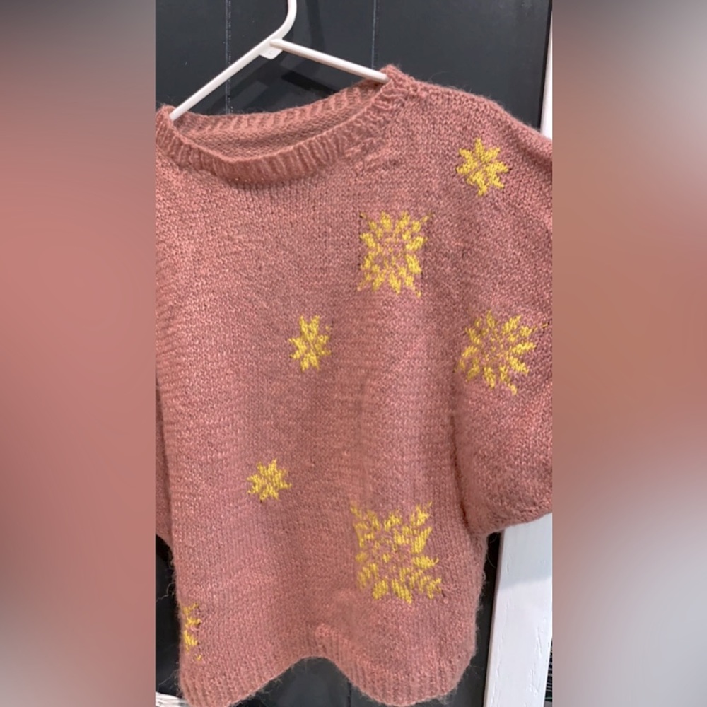 VTG Handmade Pink Wool Knit Sweater w/ Gold Ribbon Nordic Pattern Stars/Snow